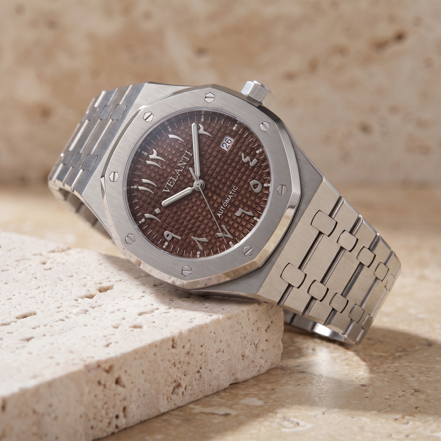 Royal Oak-style custom automatic watch, Velanti Milano Royal Veloak Arabic Brown, watch detail photo