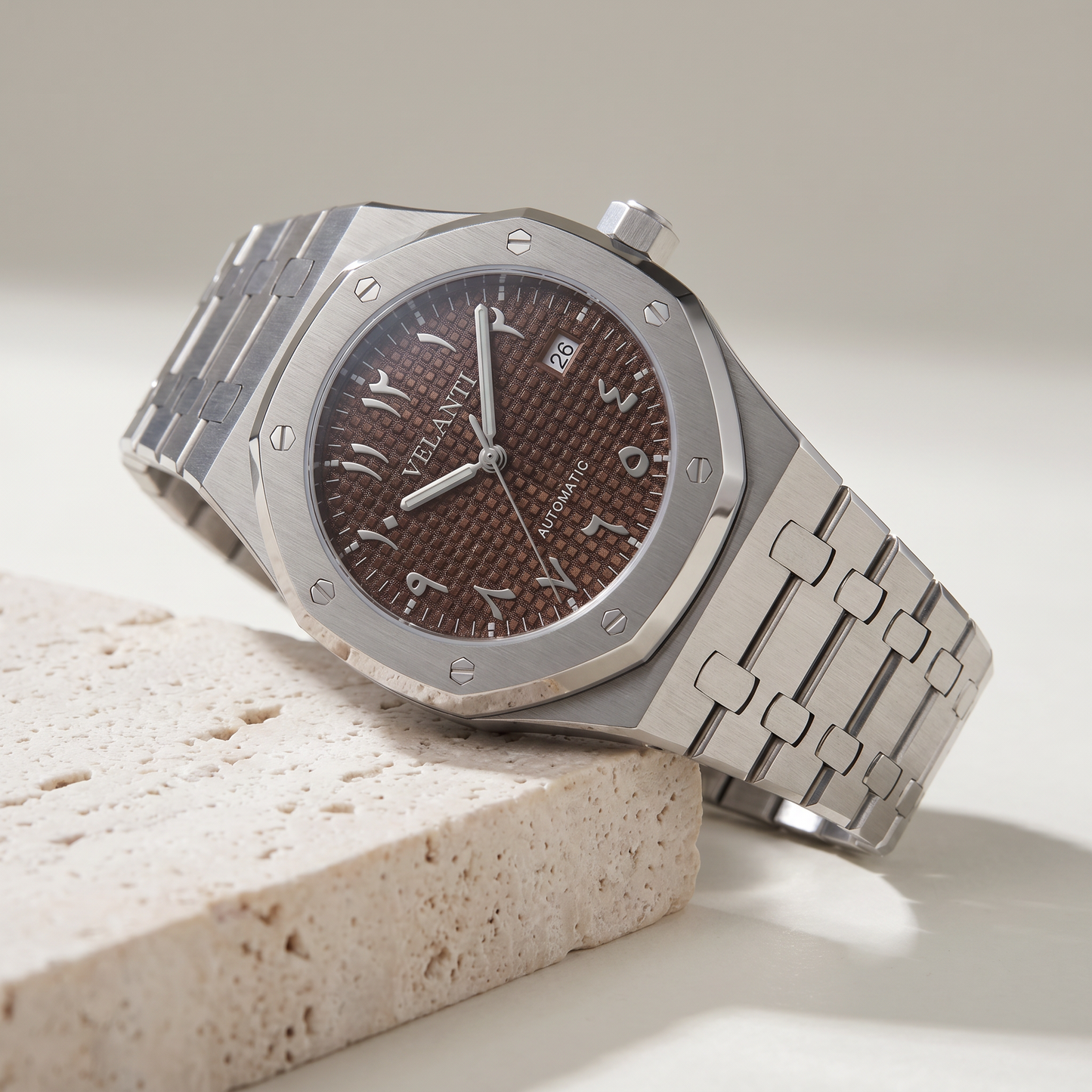 Royal Oak-style custom mod watch, Velanti Milano Royal Veloak Arabic Brown, product photo 2