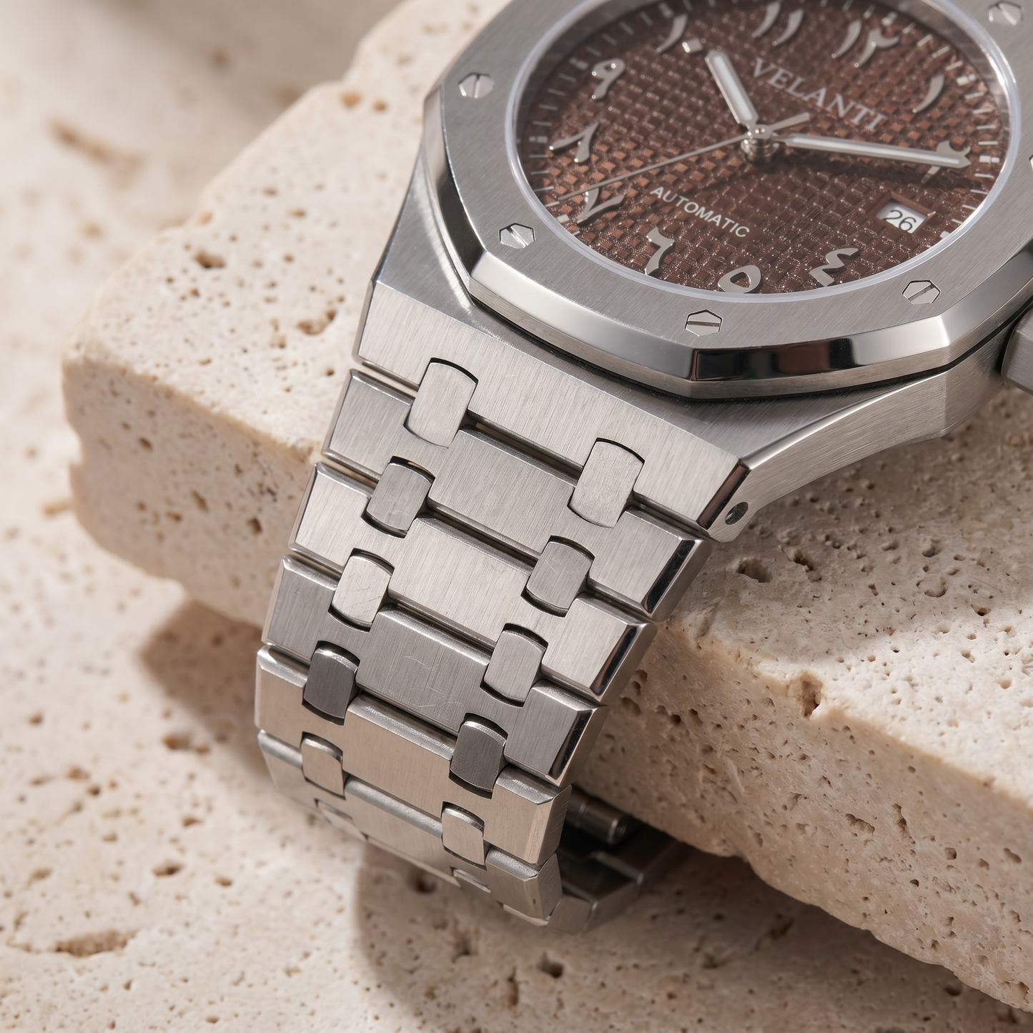Royal Oak-style custom mod watch, Velanti Milano Royal Veloak Arabic Brown, product photo 3