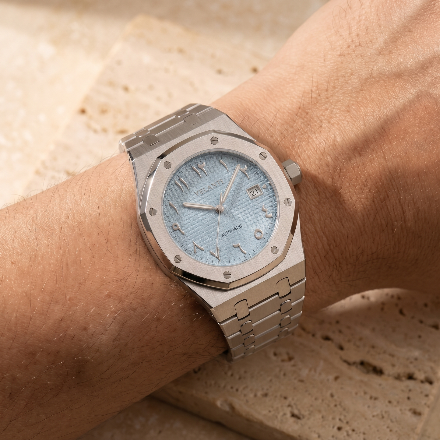 Royal Oak-style custom mod watch, Velanti Milano Royal Veloak Arabic Ice Blue worn on wrist
