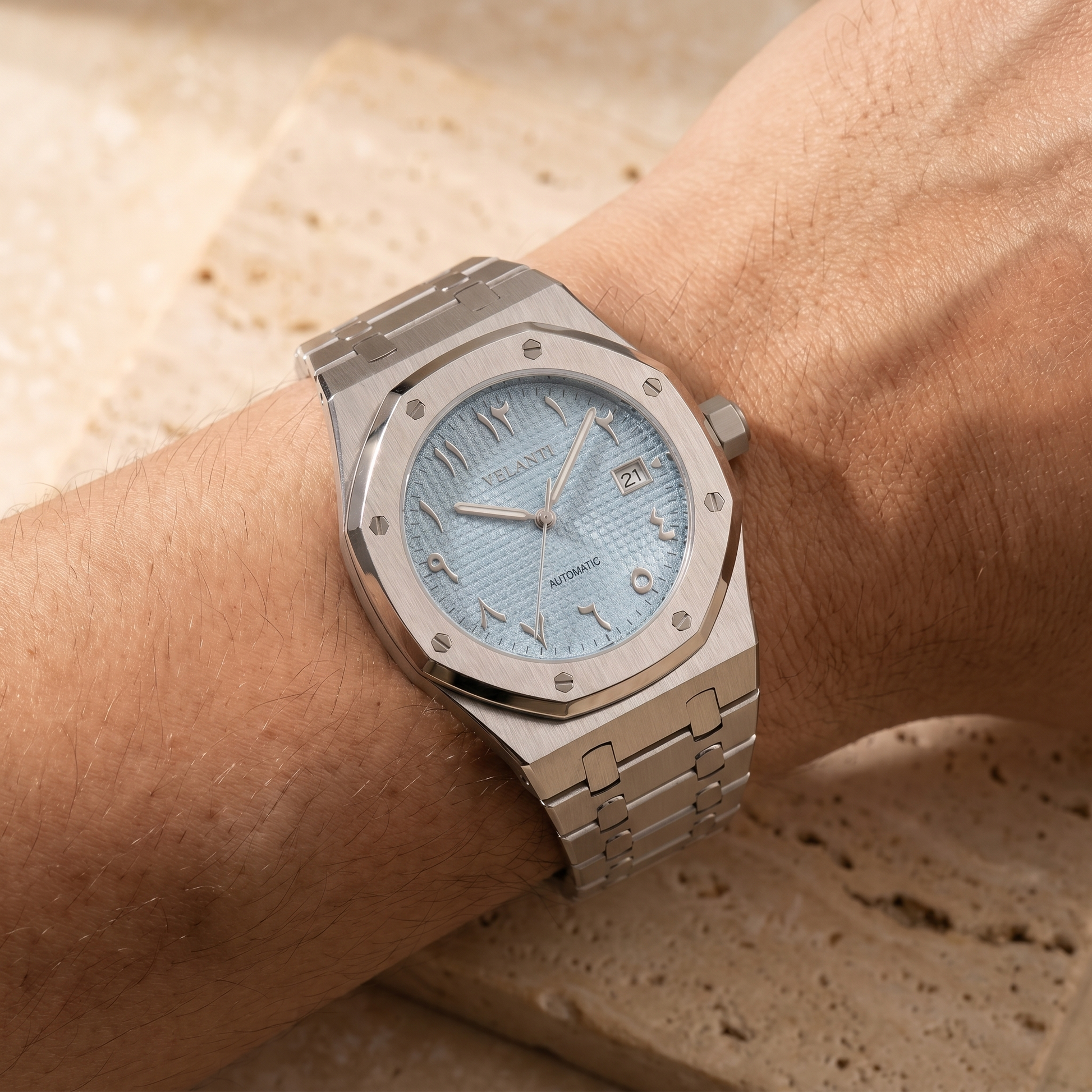 Royal Oak-style custom mod watch, Velanti Milano Royal Veloak Arabic Ice Blue worn on wrist