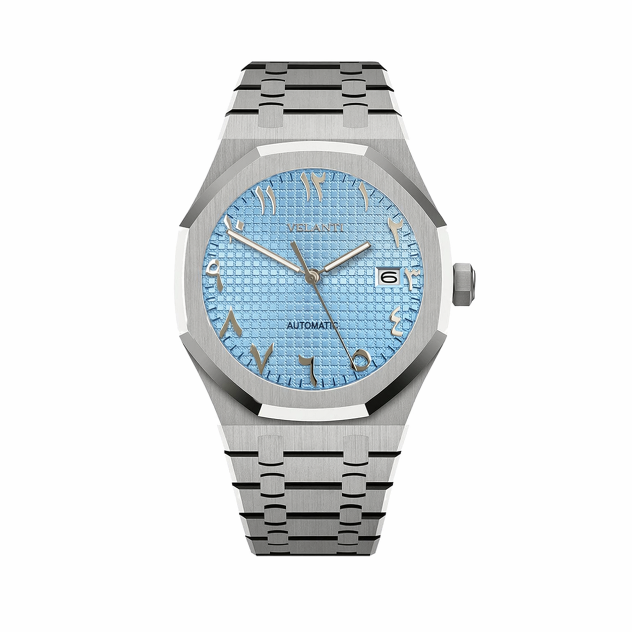 Royal Oak-style custom mod watch, Velanti Milano Royal Veloak Arabic Ice Blue, main product photo