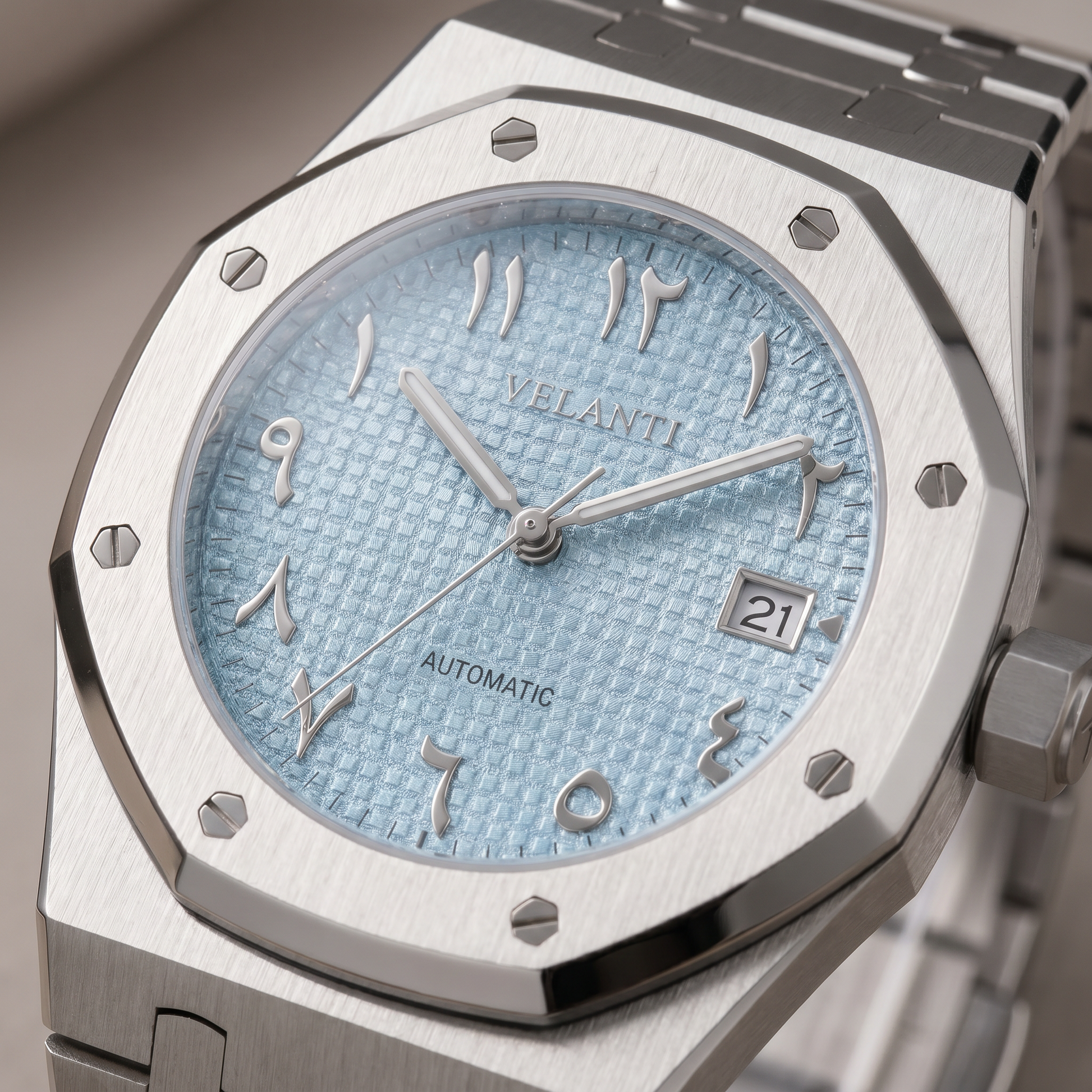 Royal Oak-style custom mod watch, Velanti Milano Royal Veloak Arabic Ice Blue, product photo 3