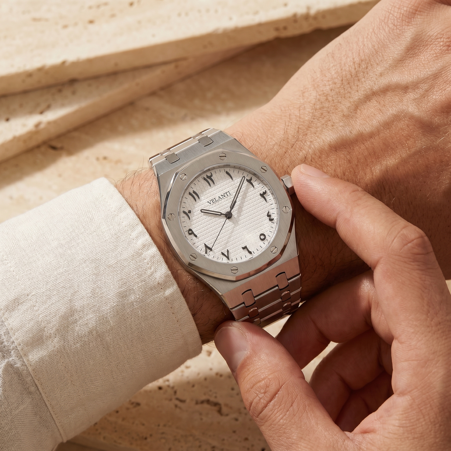 Royal Oak-style custom mod watch, Velanti Milano Royal Veloak Arabic White, product photo 2