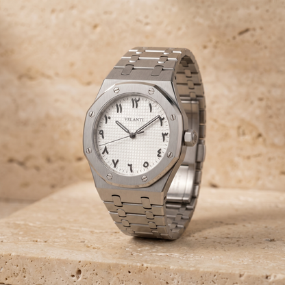 Royal Oak-style custom automatic watch, Velanti Milano Royal Veloak Arabic White, watch detail photo 3