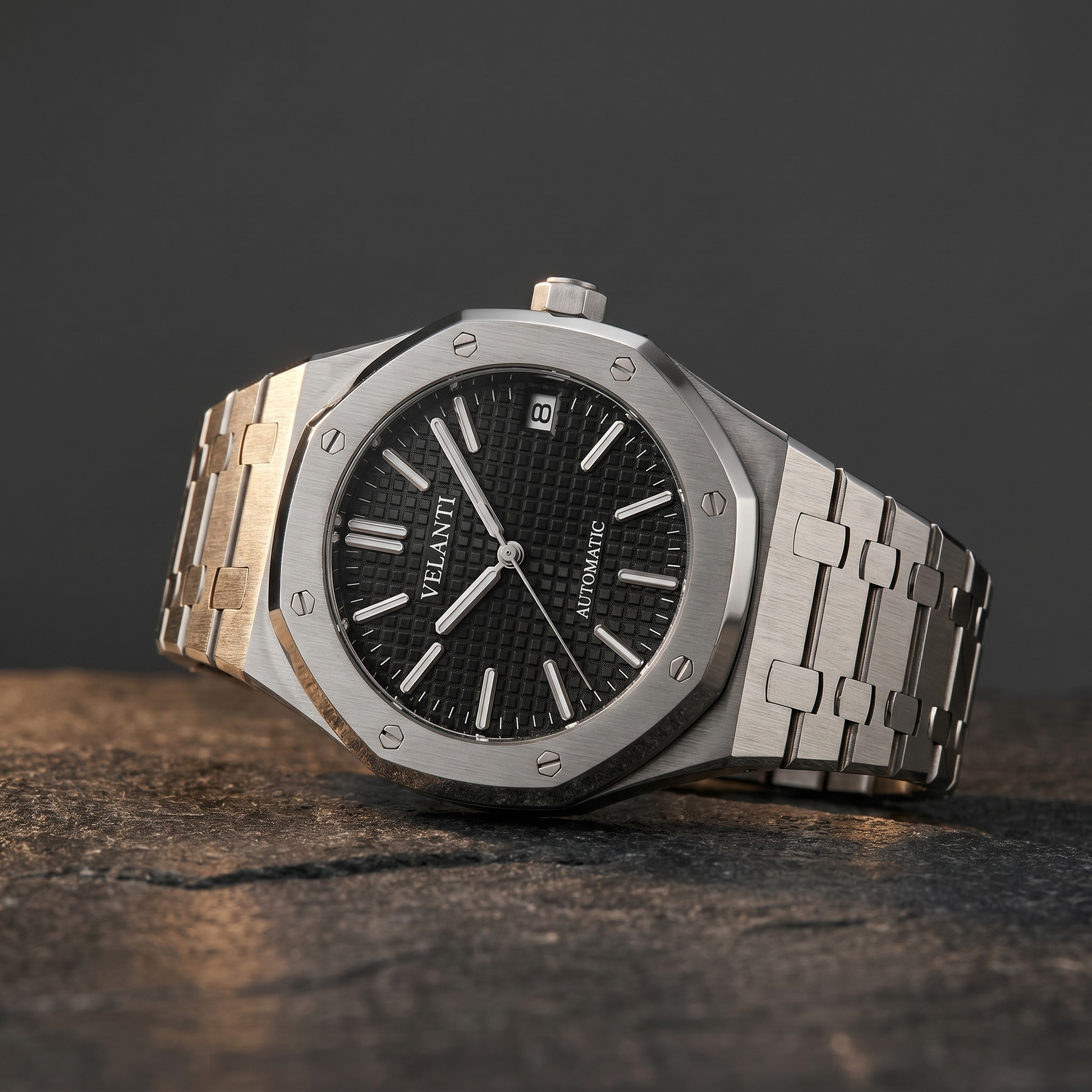 Royal Oak-style custom automatic watch, Velanti Milano Royal Veloak Black, watch detail photo