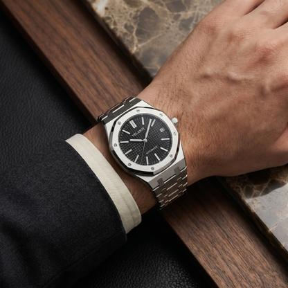 Royal Oak-style custom mod watch, Velanti Milano Royal Veloak Black worn on wrist