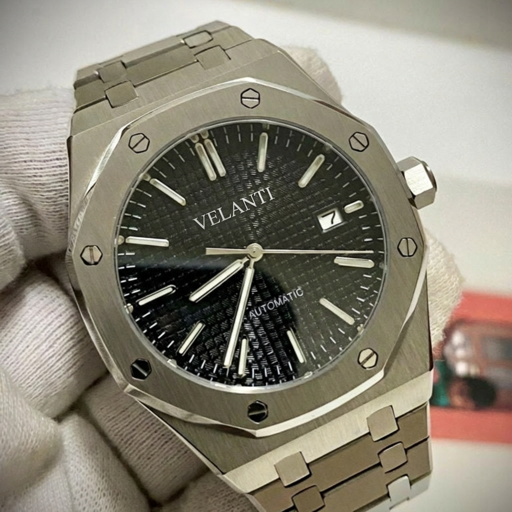 Royal Oak-style custom mod watch, Velanti Milano Royal Veloak Black, product photo 4