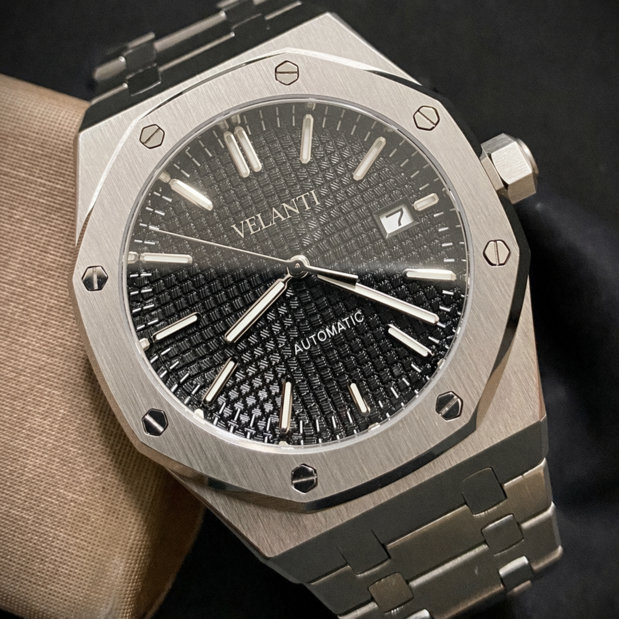 Royal Oak-style custom mod watch, Velanti Milano Royal Veloak Black, product photo 6