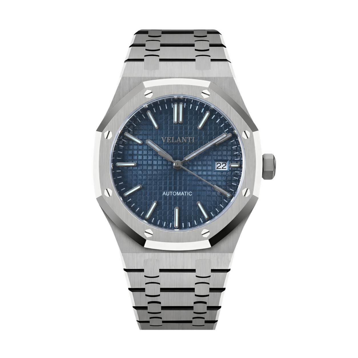 Royal Oak-style custom mod watch, Velanti Milano Royal Veloak Blue, main product photo