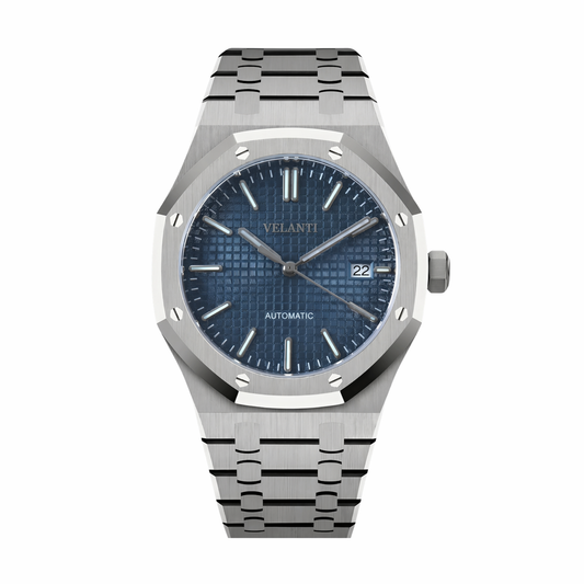 Royal Oak-style custom mod watch, Velanti Milano Royal Veloak Blue, main product photo