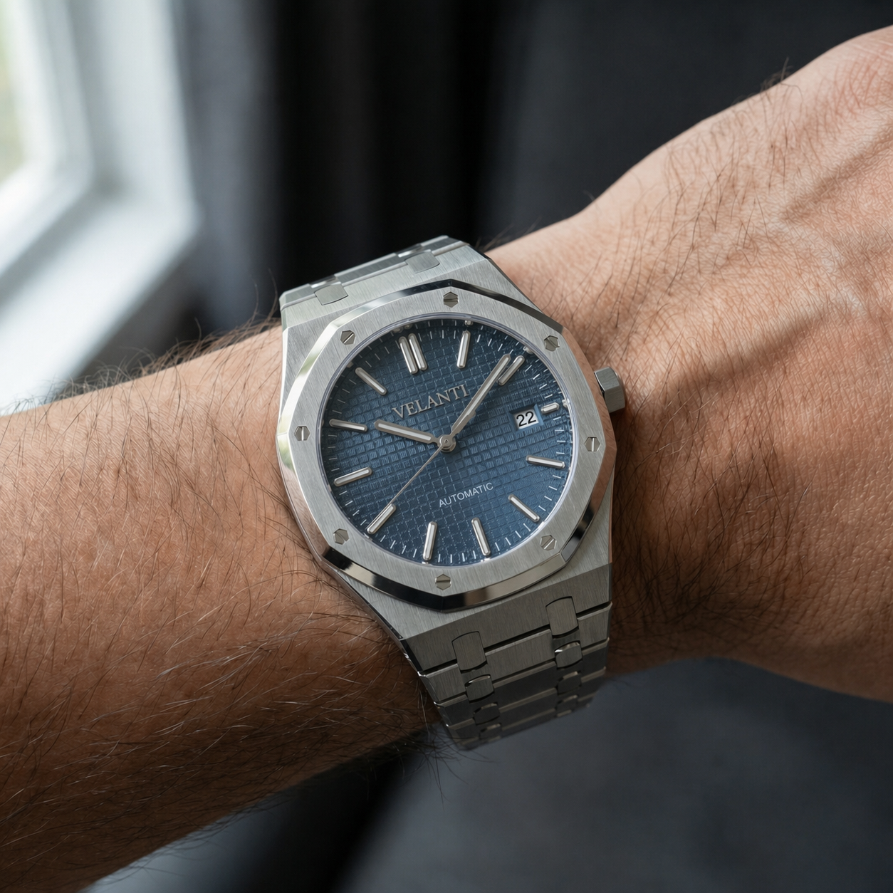 Royal Oak-style custom mod watch, Velanti Milano Royal Veloak Blue, product photo 2