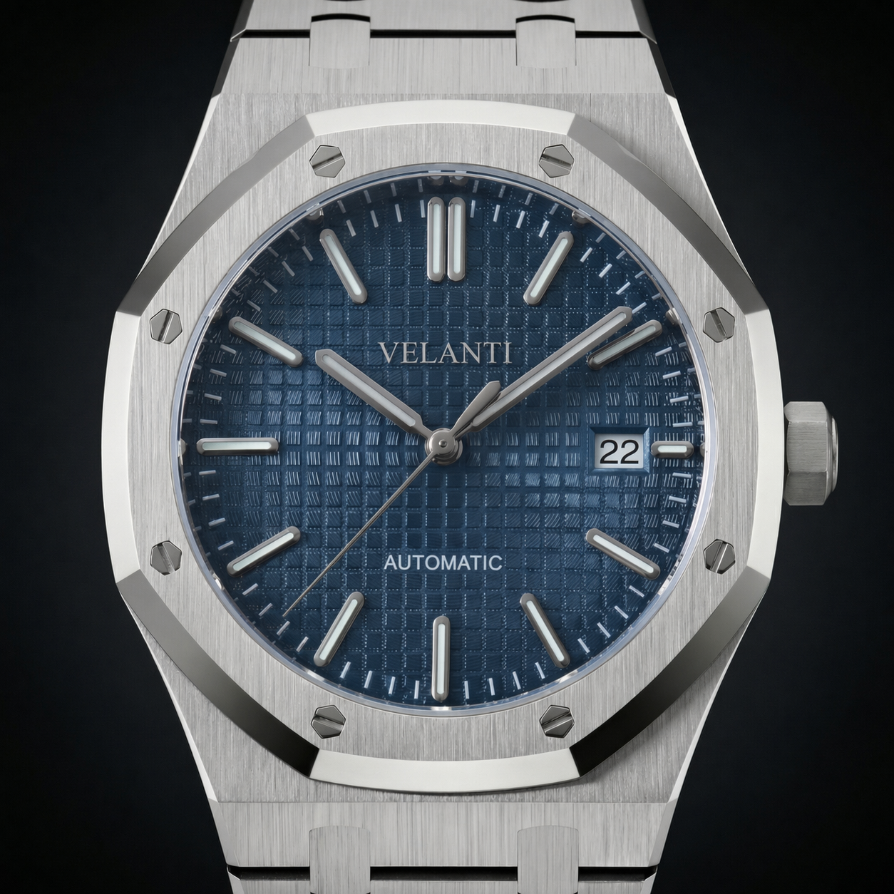 Royal Oak-style custom mod watch, Velanti Milano Royal Veloak Blue, product photo 3