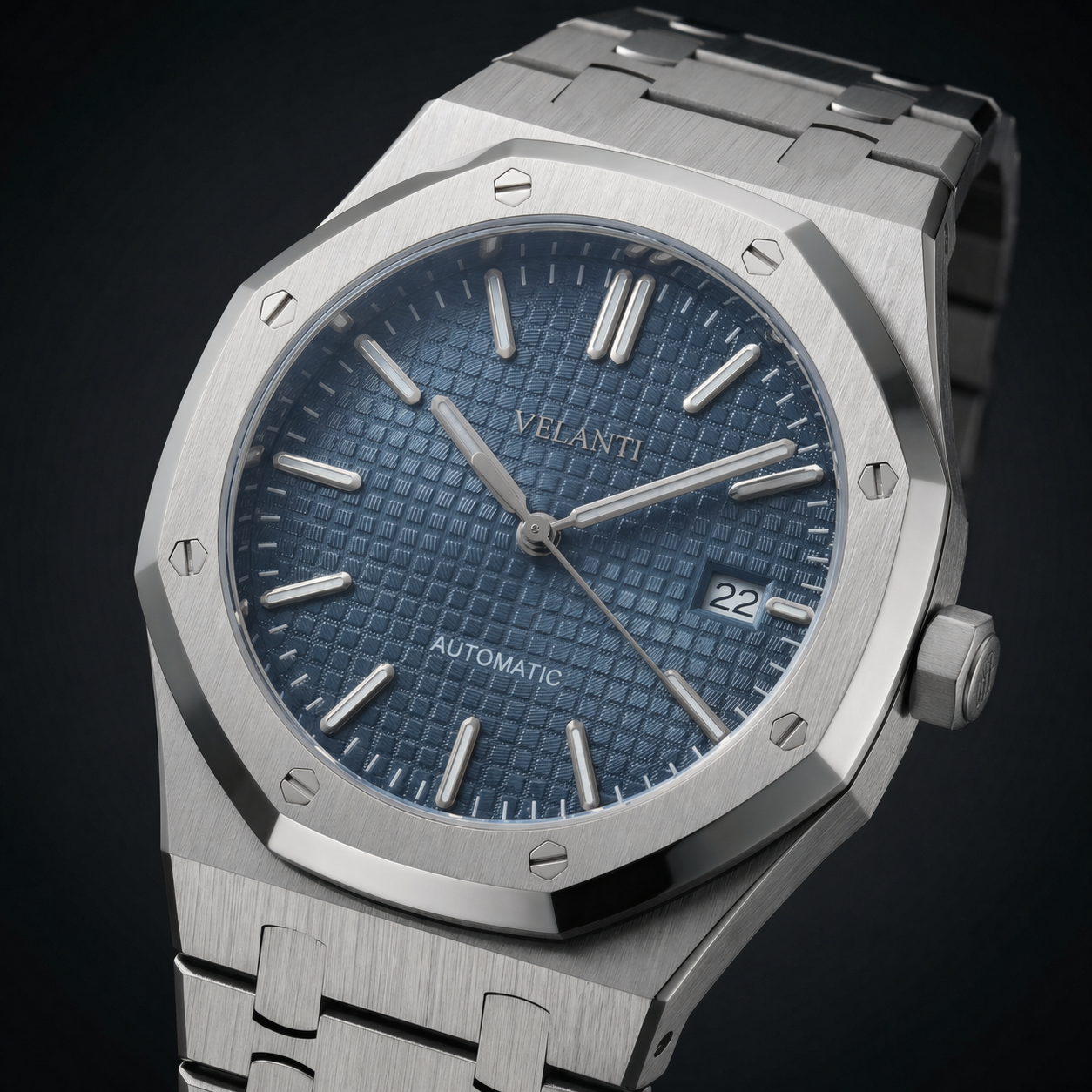 Royal Oak-style custom mod watch, Velanti Milano Royal Veloak Blue, product photo 4