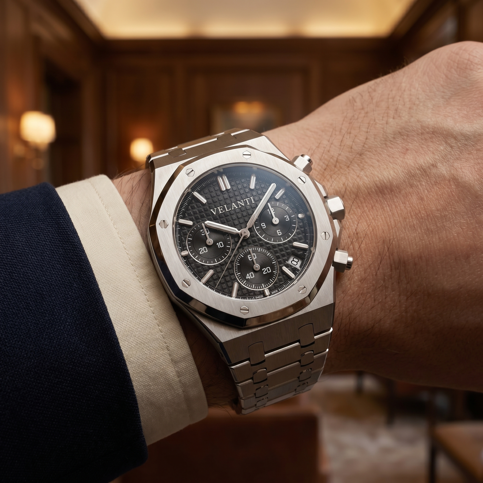 Royal Oak-style custom chronograph watch, Velanti Milano Royal Veloak Chrono Black, product photo 6