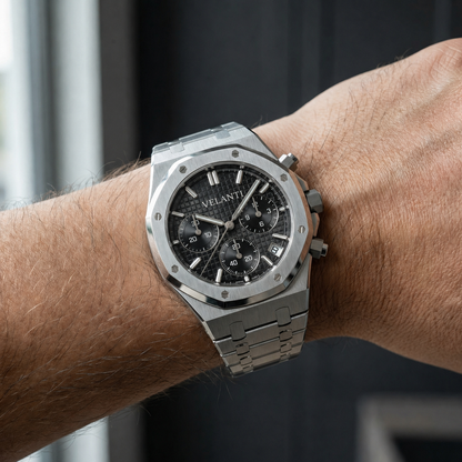Royal Oak-style custom chronograph watch, Velanti Milano Royal Veloak Chrono Black, product photo 2