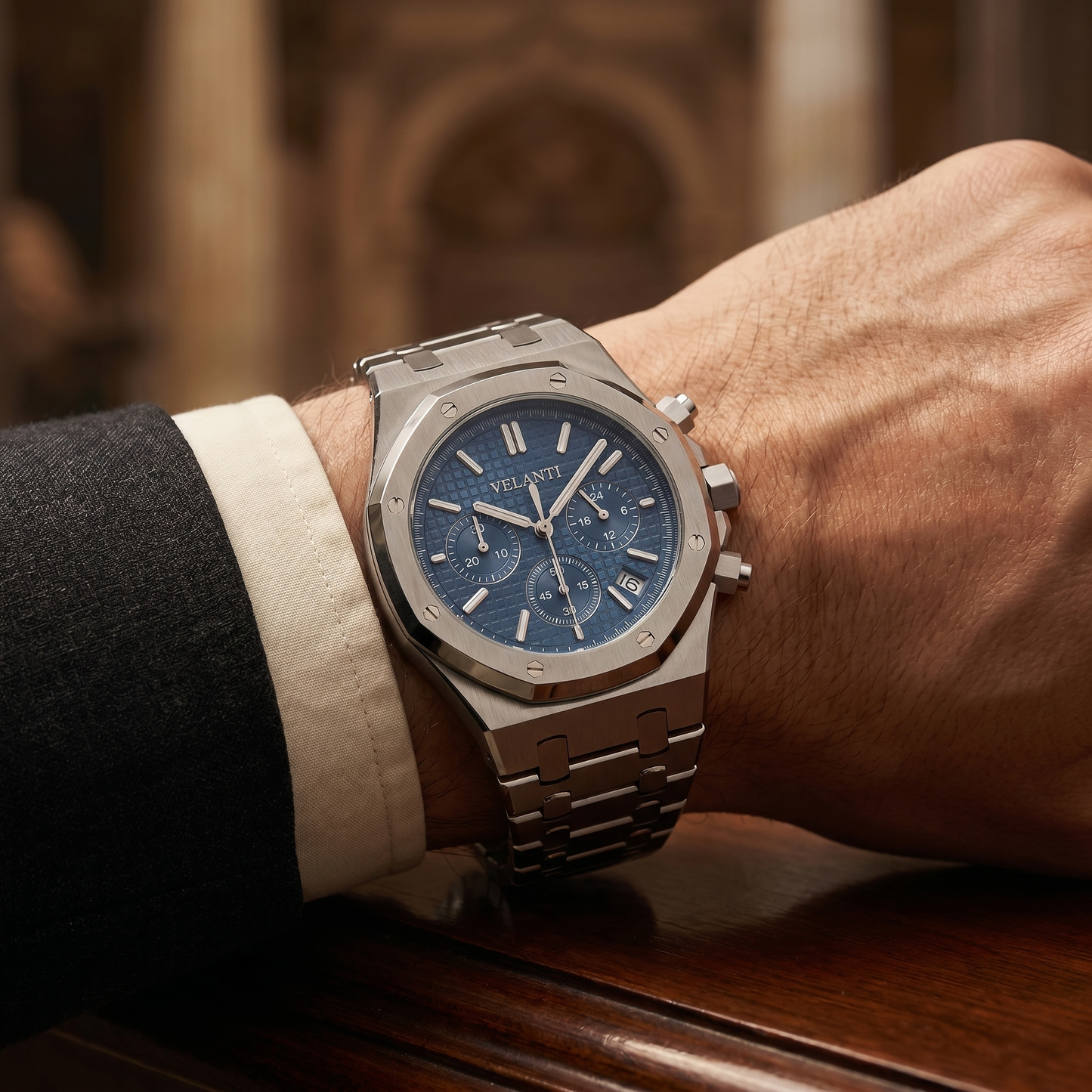 Royal Oak-style custom chronograph watch, Velanti Milano Royal Veloak Chrono Blue, product photo 9