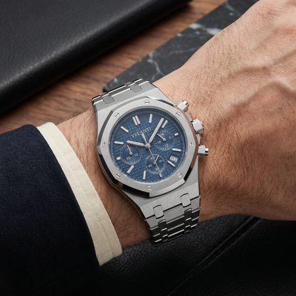 Royal Oak-style custom chronograph watch, Velanti Milano Royal Veloak Chrono Blue worn on wrist photo 10