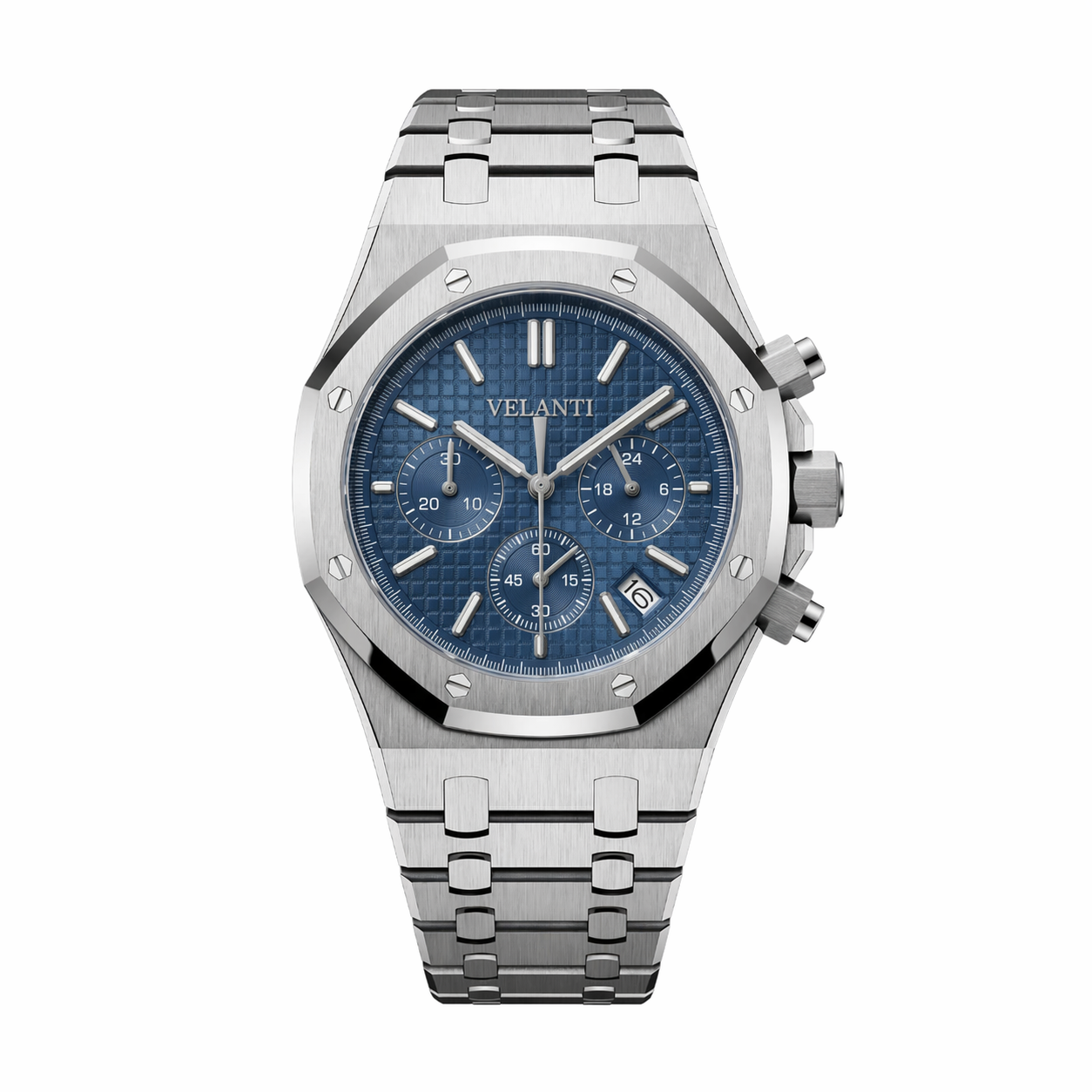 Royal Oak-style custom chronograph watch, Velanti Milano Royal Veloak Chrono Blue, main product photo