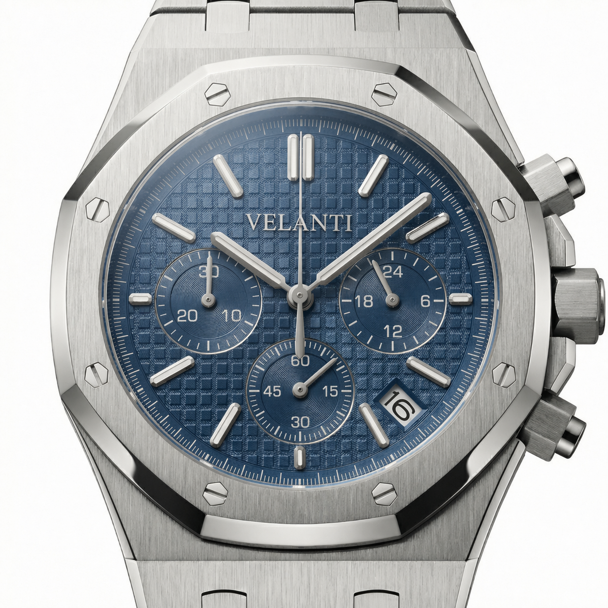 Royal Oak-style custom chronograph watch, Velanti Milano Royal Veloak Chrono Blue, product photo 3