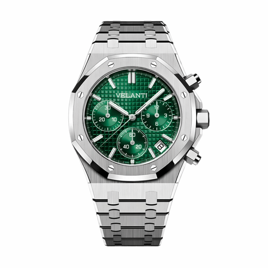 Royal Oak-style custom chronograph watch, Velanti Milano Royal Veloak Chrono Green, main product photo