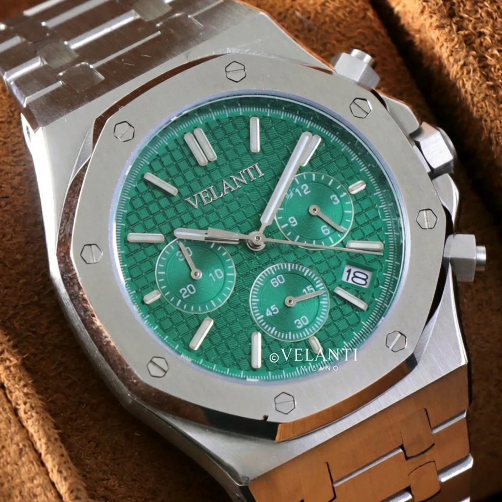 Royal Oak-style custom chronograph watch, Velanti Milano Royal Veloak Chrono Green, product photo 5
