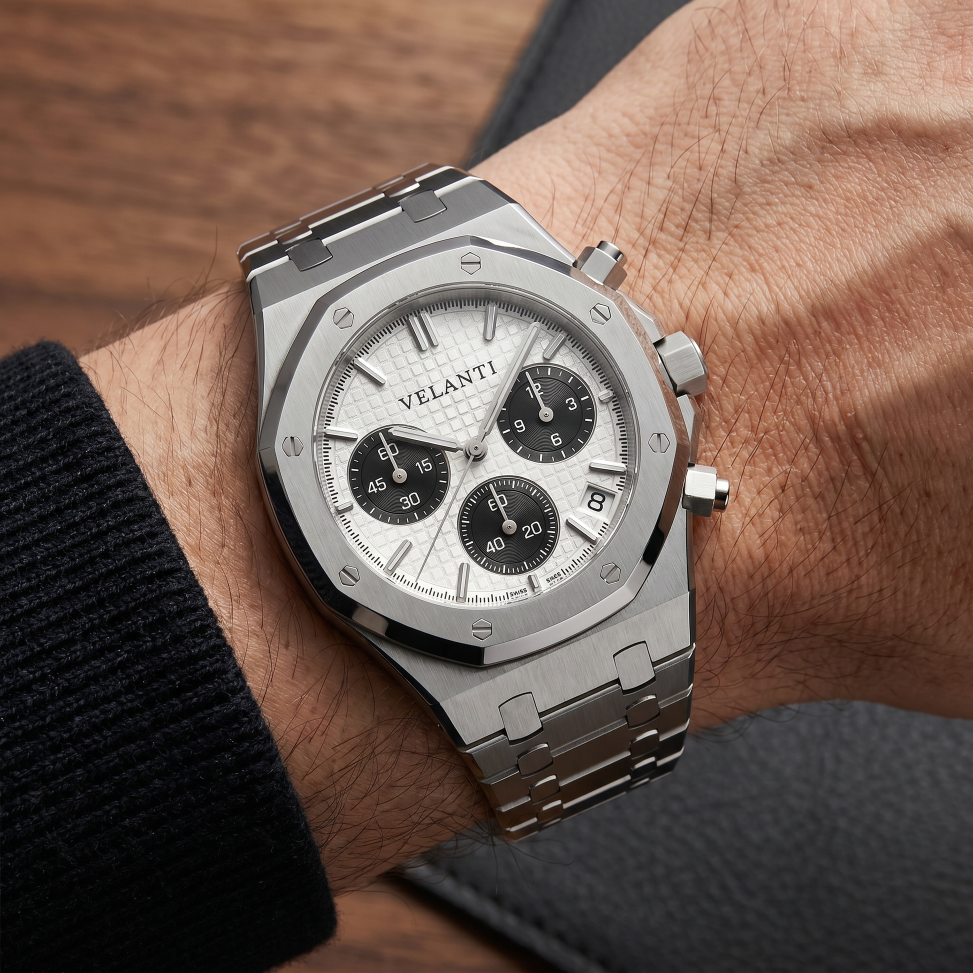 Royal Oak-style custom chronograph watch, Velanti Milano Royal Veloak Chrono Panda worn on wrist photo 6