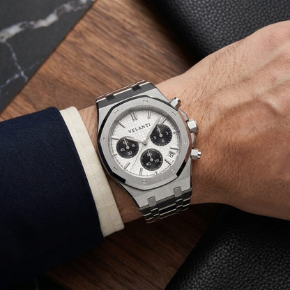 Royal Oak-style custom chronograph watch, Velanti Milano Royal Veloak Chrono Panda worn on wrist photo 11