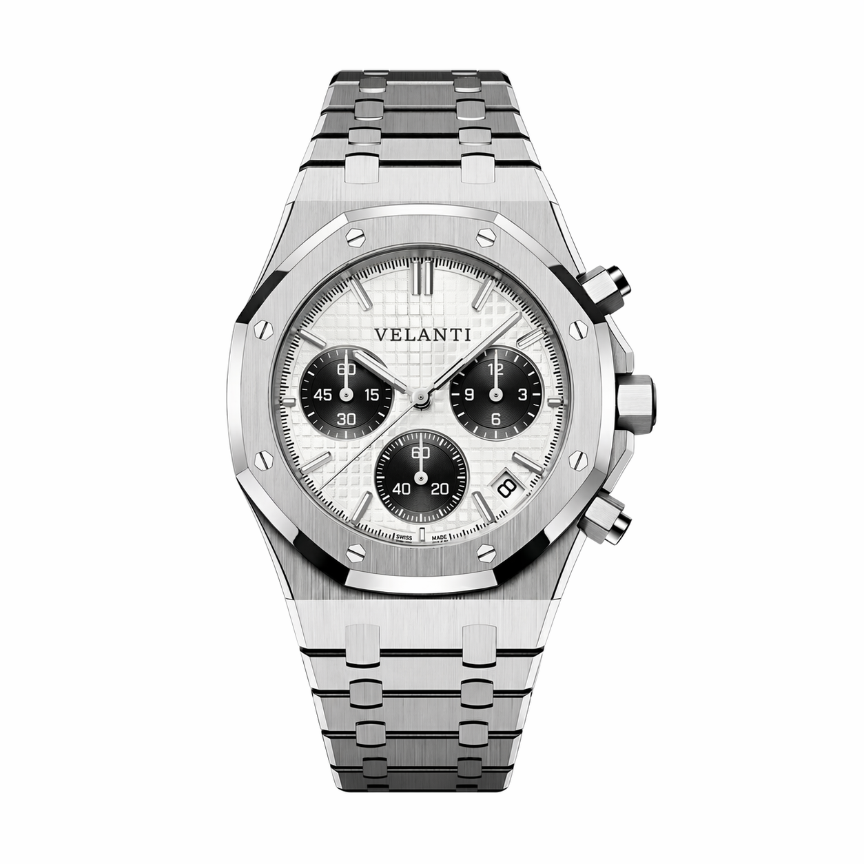 Royal Oak-style custom chronograph watch, Velanti Milano Royal Veloak Chrono Panda, main product photo