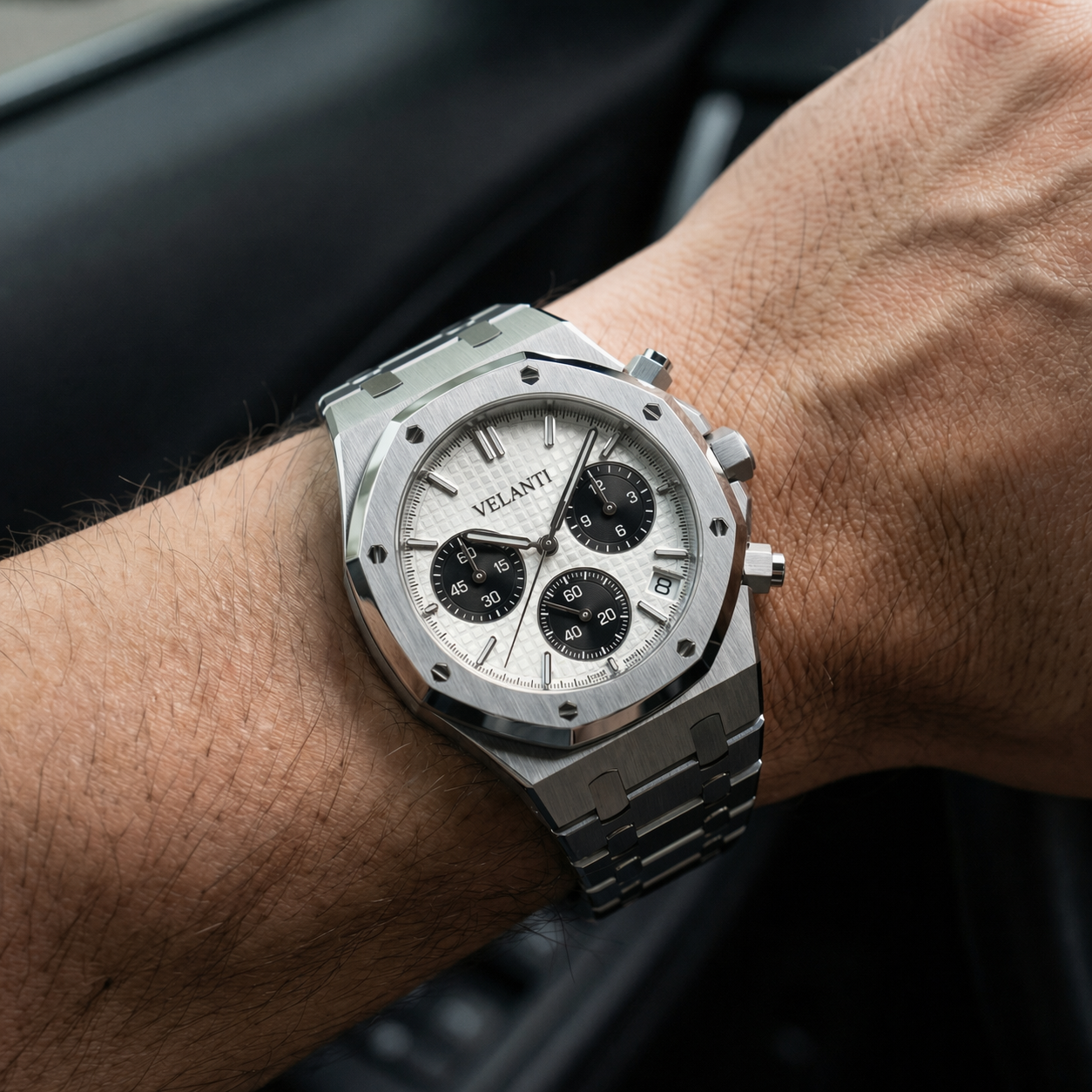 Royal Oak-style custom chronograph watch, Velanti Milano Royal Veloak Chrono Panda, product photo 2