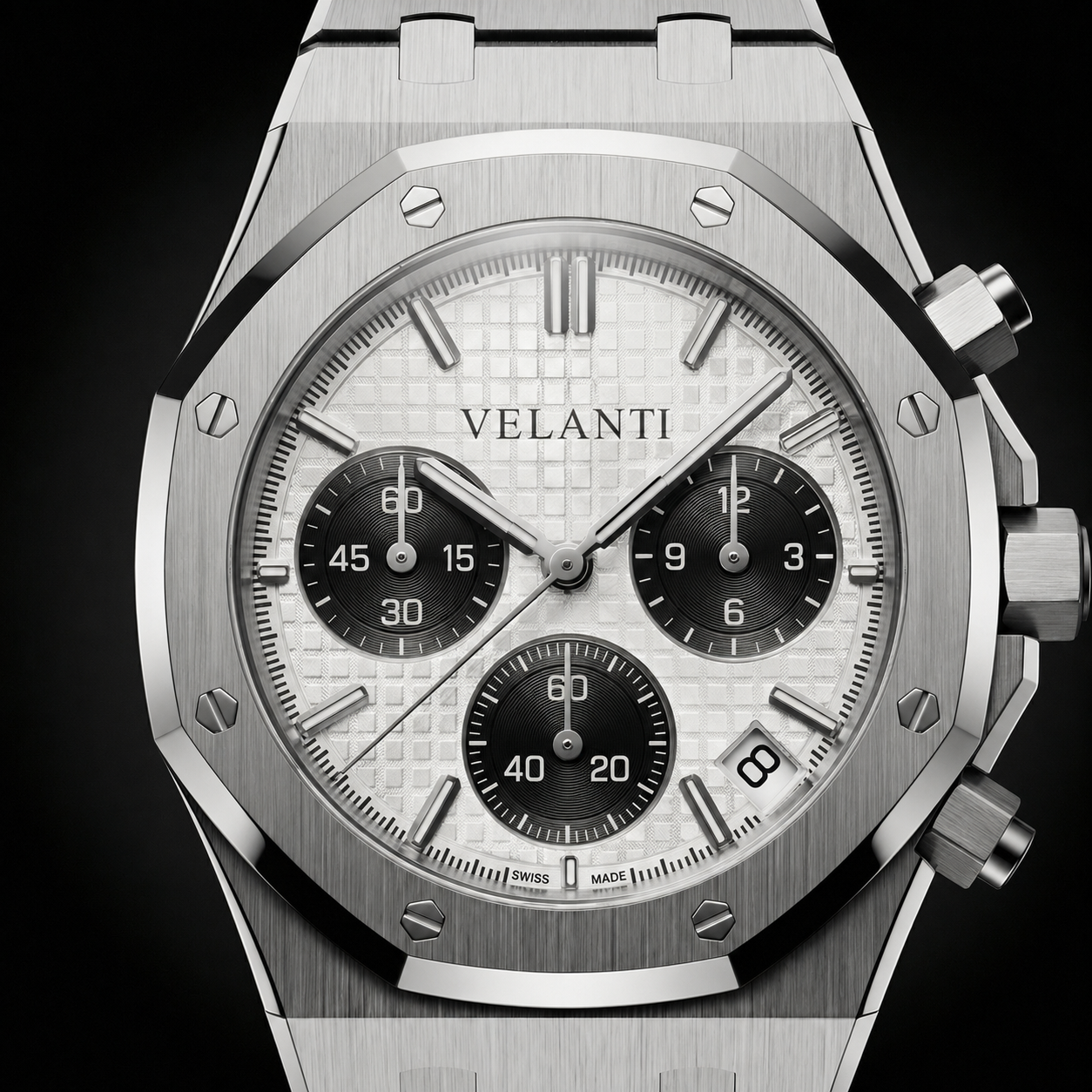 Royal Oak-style custom chronograph watch, Velanti Milano Royal Veloak Chrono Panda, product photo 3