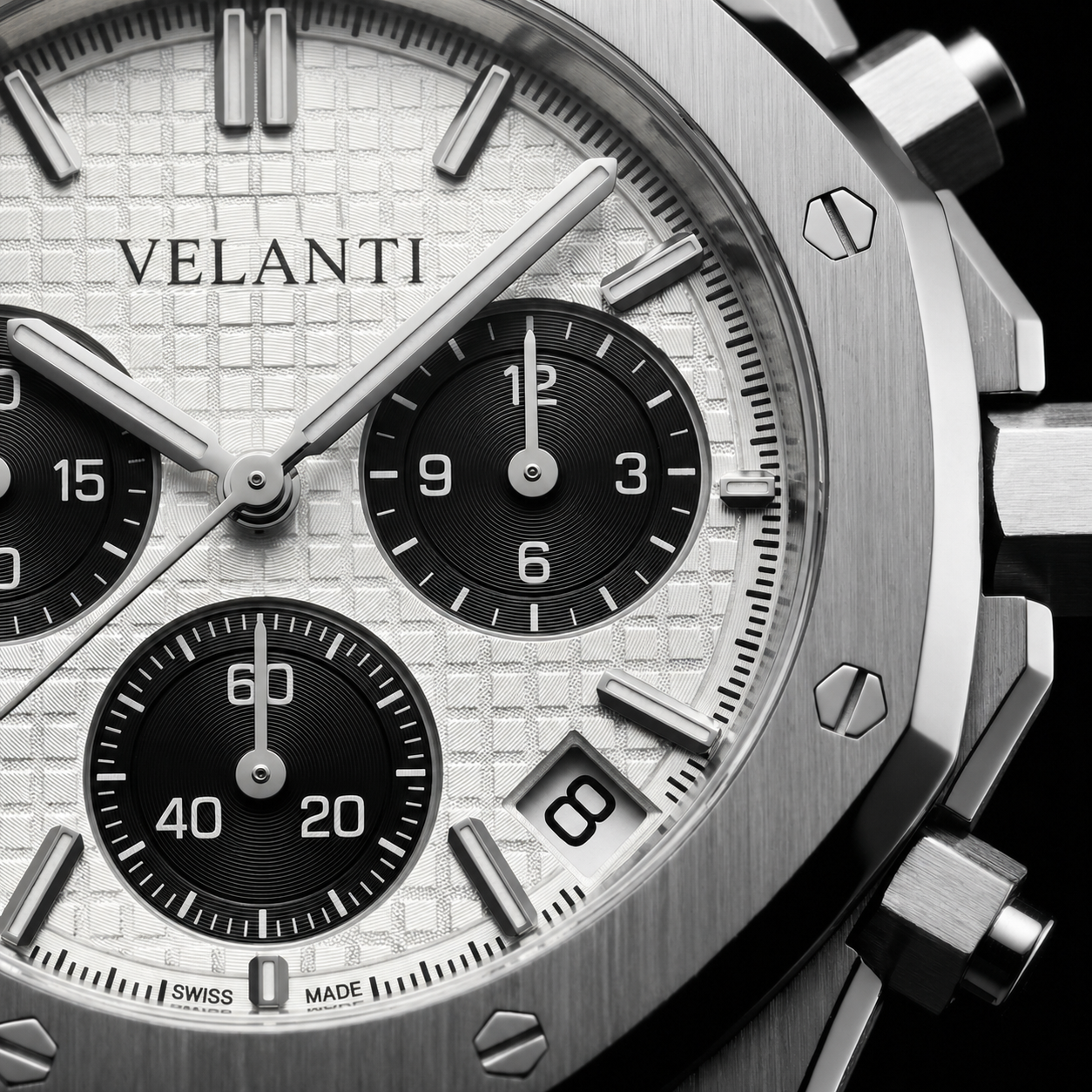 Royal Oak-style custom chronograph watch, Velanti Milano Royal Veloak Chrono Panda, product photo 5