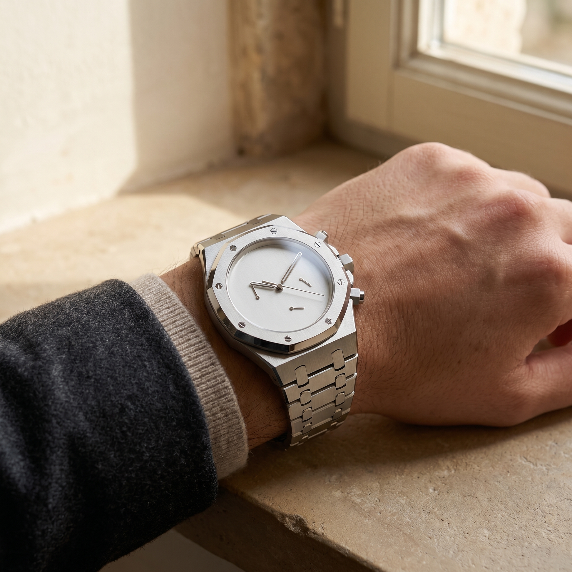 Royal Oak-style custom chronograph watch, Velanti Milano Royal Veloak Chrono Silver Minimalist worn on wrist photo 9