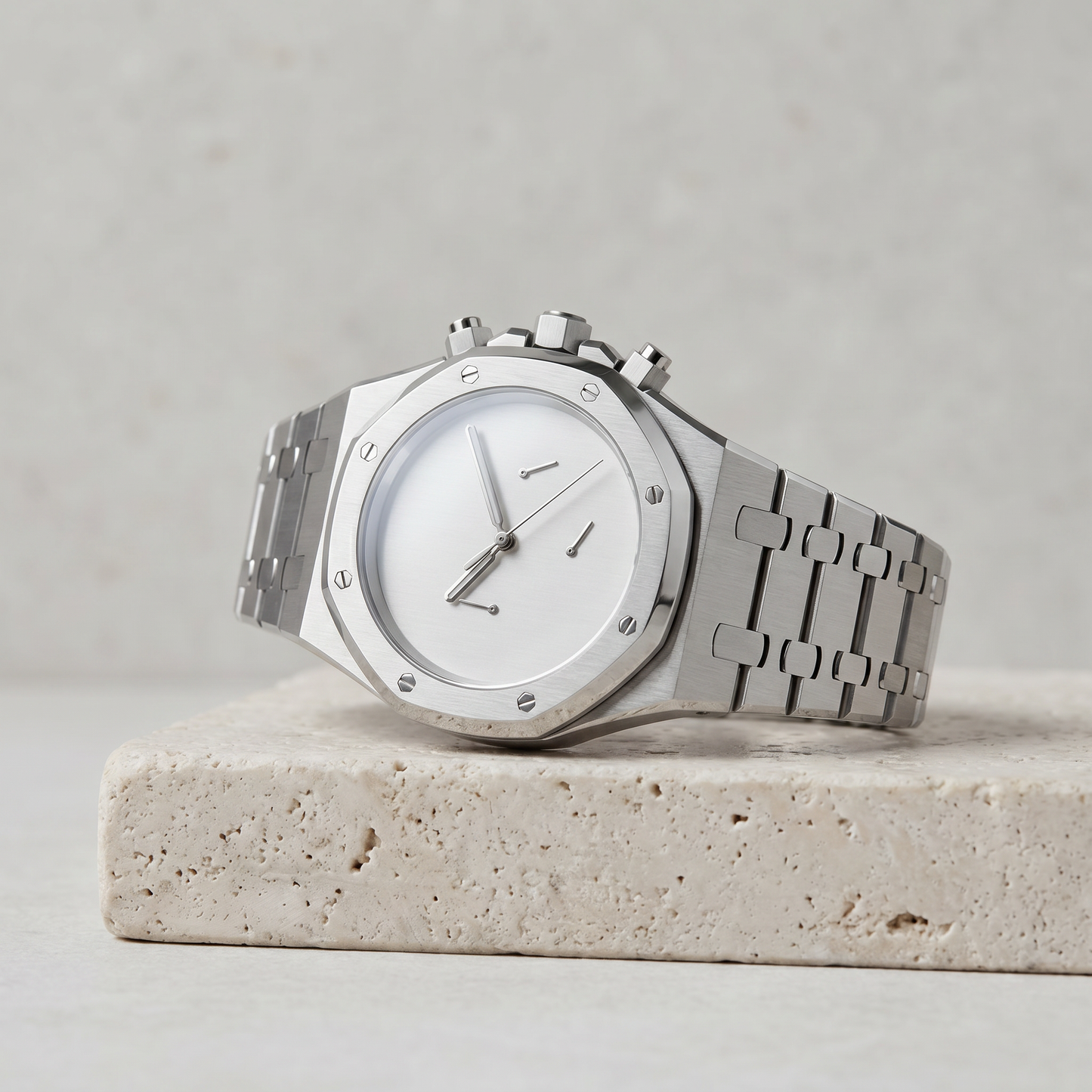 Royal Oak-style custom chronograph watch, Velanti Milano Royal Veloak Chrono Silver Minimalist, product photo 2