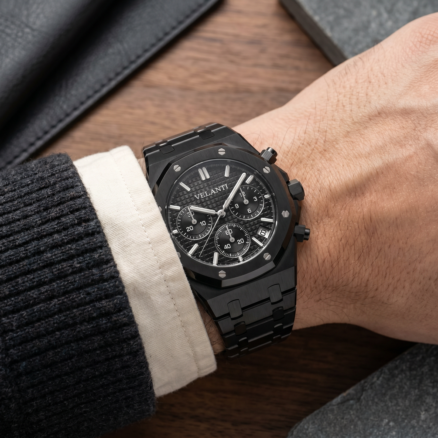 Royal Oak-style custom chronograph watch, Velanti Milano Royal Veloak Chrono Triple Black, product photo 9