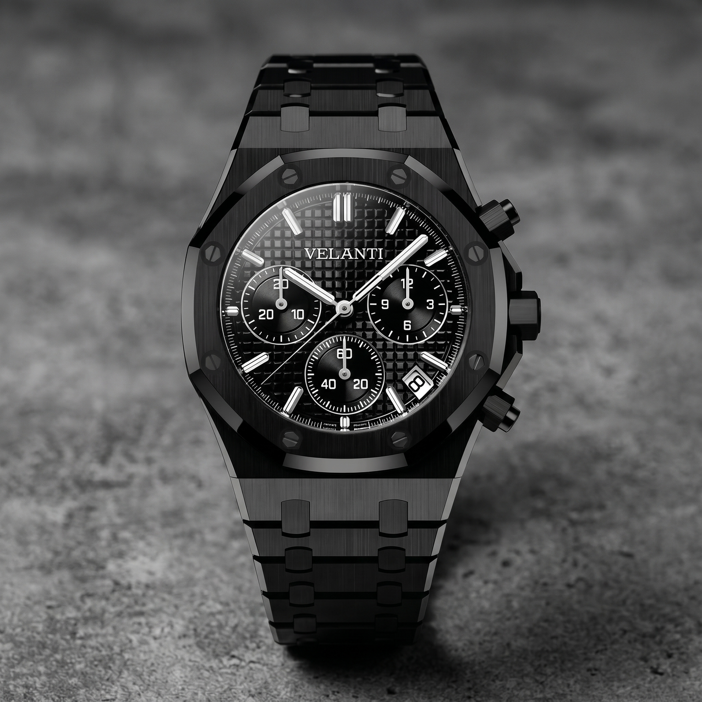 Royal Oak-style custom chronograph watch, Velanti Milano Royal Veloak Chrono Triple Black, bracelet detail photo