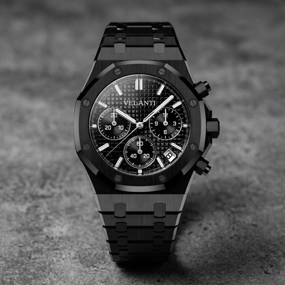 Royal Oak-style custom chronograph watch, Velanti Milano Royal Veloak Chrono Triple Black, bracelet detail photo