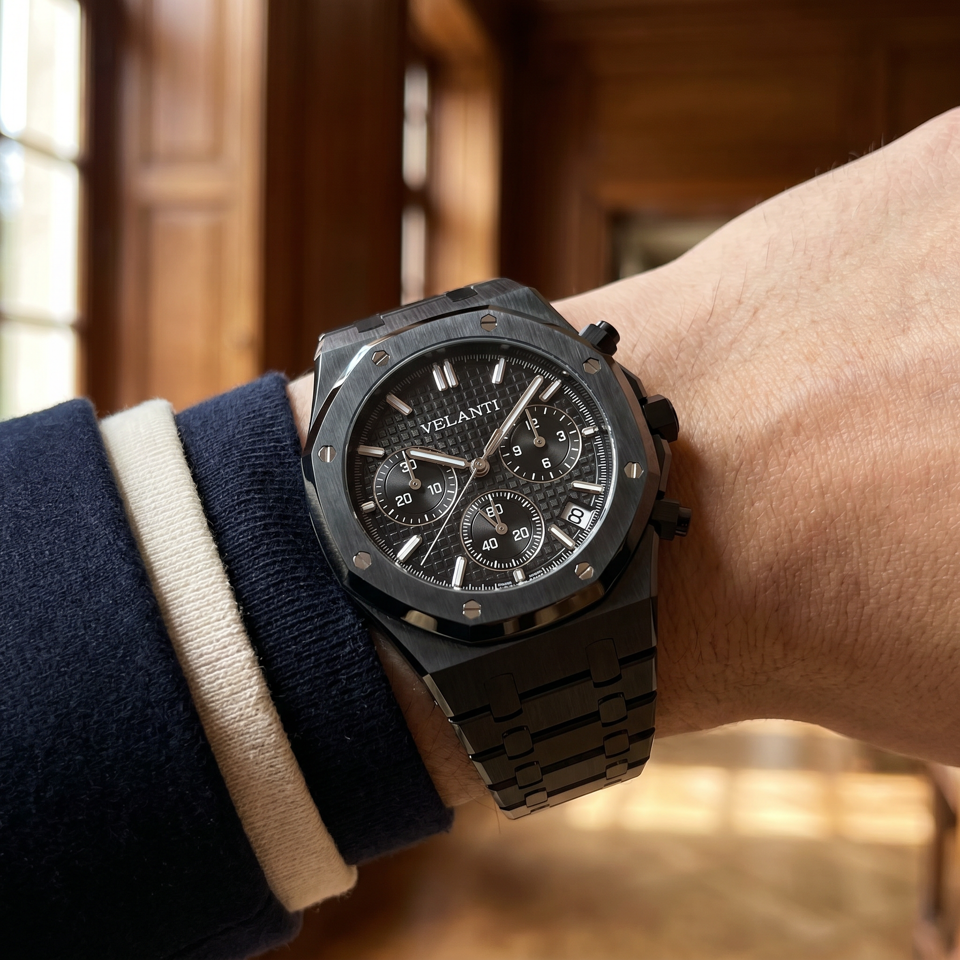 Royal Oak-style custom chronograph watch, Velanti Milano Royal Veloak Chrono Triple Black, product photo 10