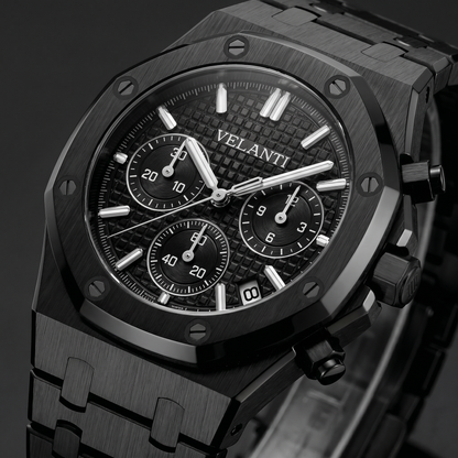 Royal Oak-style custom chronograph watch, Velanti Milano Royal Veloak Chrono Triple Black, watch detail photo 6