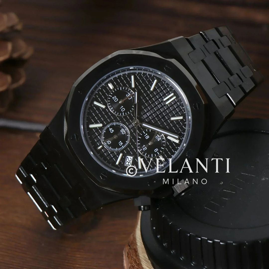 Royal Oak-style custom chronograph watch, Velanti Milano Royal Veloak Chrono Triple Black, product photo 2