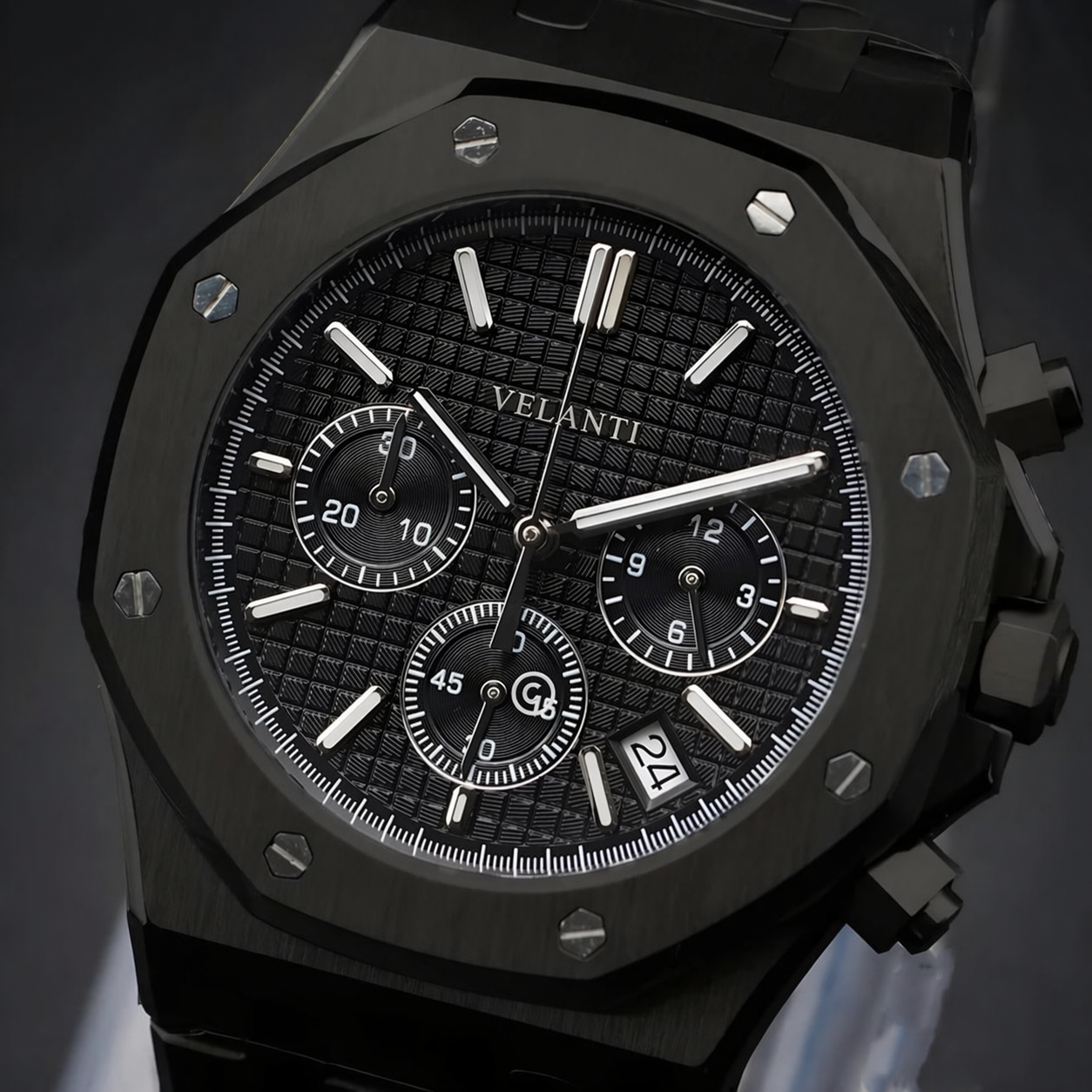 Royal Oak-style custom chronograph watch, Velanti Milano Royal Veloak Chrono Triple Black, product photo 3