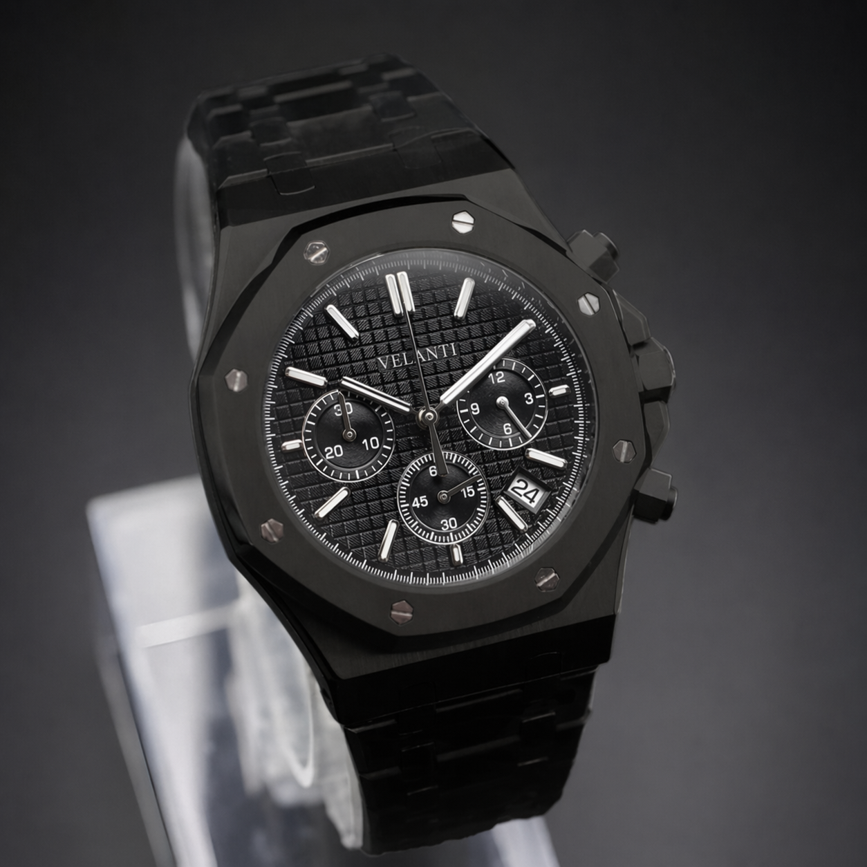 Royal Oak-style custom chronograph watch, Velanti Milano Royal Veloak Chrono Triple Black, product photo 4