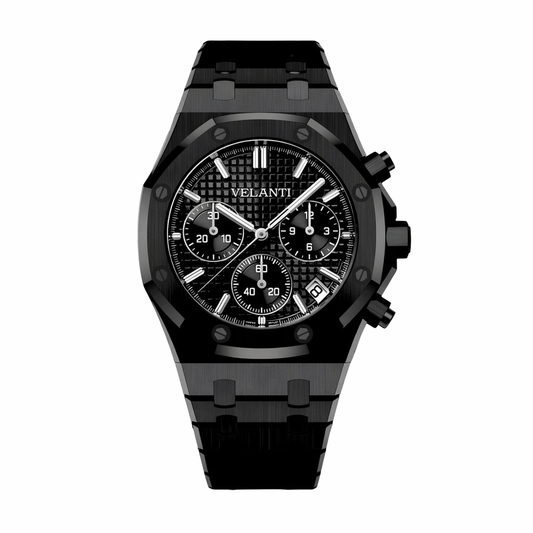 Royal Oak-style custom chronograph watch, Velanti Milano Royal Veloak Chrono Triple Black, main product photo