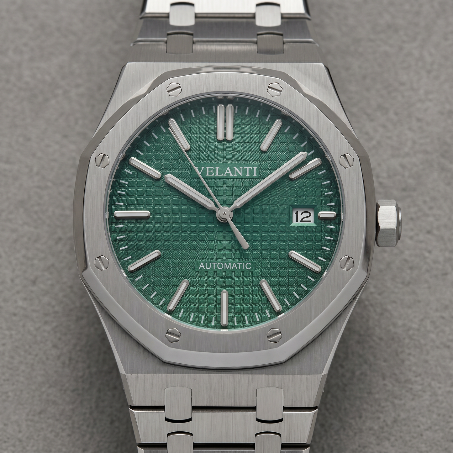 Royal Oak-style custom automatic watch, Velanti Milano Royal Veloak Green, watch detail photo