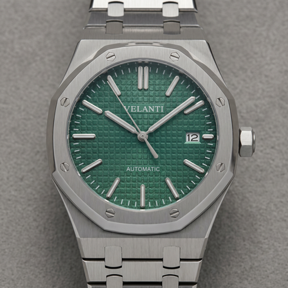 Royal Oak-style custom automatic watch, Velanti Milano Royal Veloak Green, watch detail photo