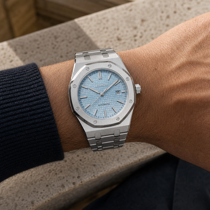 Royal Oak-style custom mod watch, Velanti Milano Royal Veloak Ice Blue worn on wrist photo 7