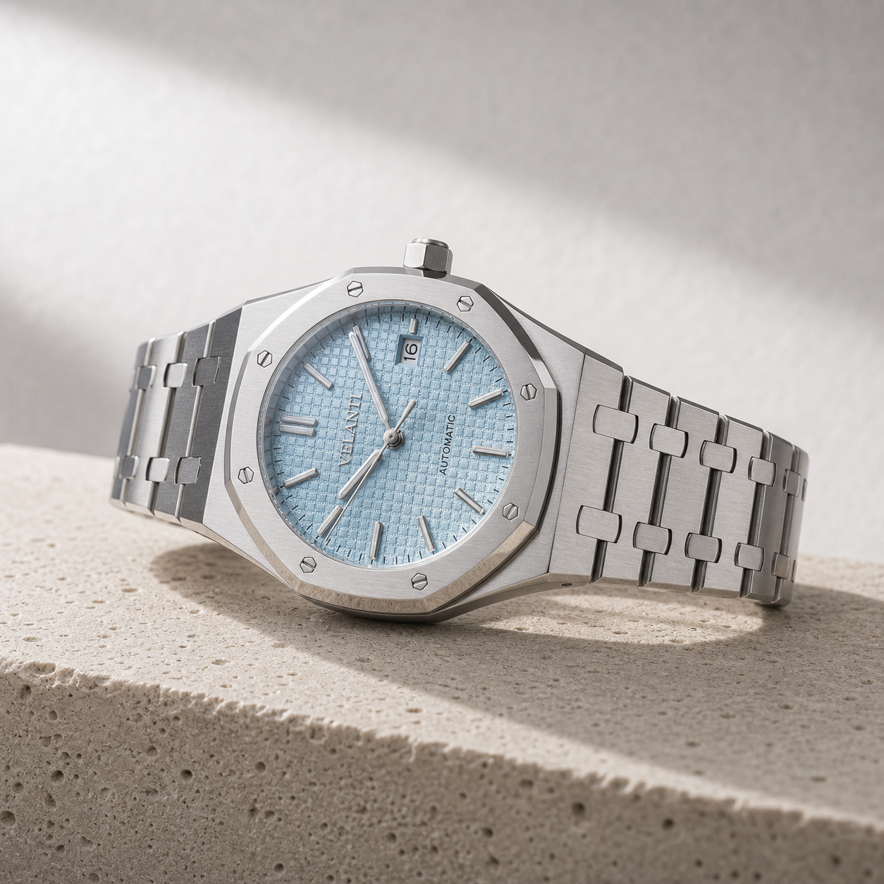 Royal Oak-style custom mod watch, Velanti Milano Royal Veloak Ice Blue, angled product photo