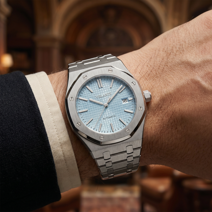Royal Oak-style custom mod watch, Velanti Milano Royal Veloak Ice Blue, product photo 6