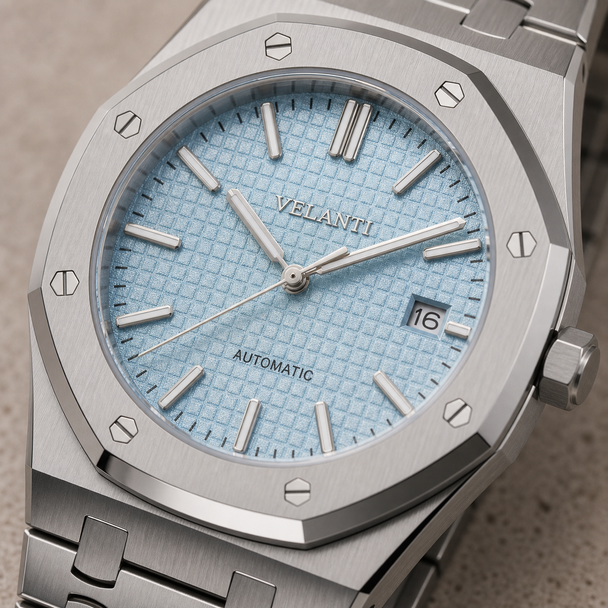 Royal Oak-style custom automatic watch, Velanti Milano Royal Veloak Ice Blue, dial close-up