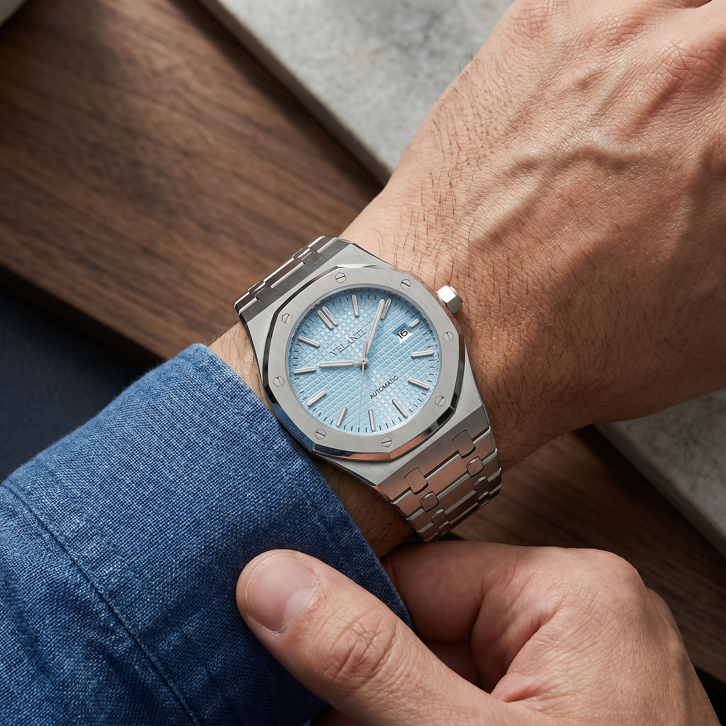 Royal Oak-style custom mod watch, Velanti Milano Royal Veloak Ice Blue worn on wrist photo 8
